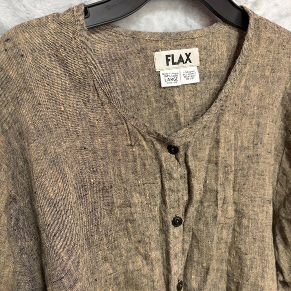 Flax Shirt Womens Large Brown Relaxed Lagenlook Button Front Sleeve Puff Blouse - Picture 2 of 8